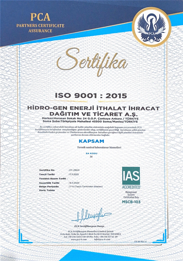 ISO 9001:2015 TERMİK SANTRAL LABORATUVAR HİZMETLERİ