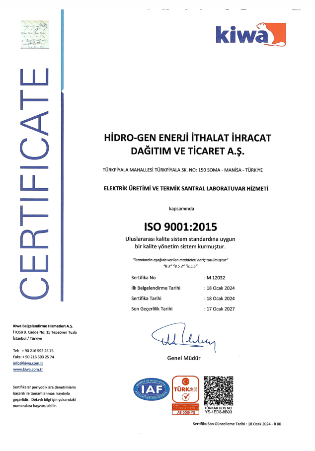 ISO 9001:2015 ELEKTRİK ÜRETİMİ VE TERMİK SANTRAL LABORATUVAR HİZMETİ
